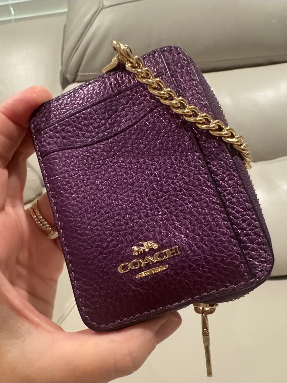 Coach Purple Pebbled Leather Card Case with Gold Chain Accent-HTF color!